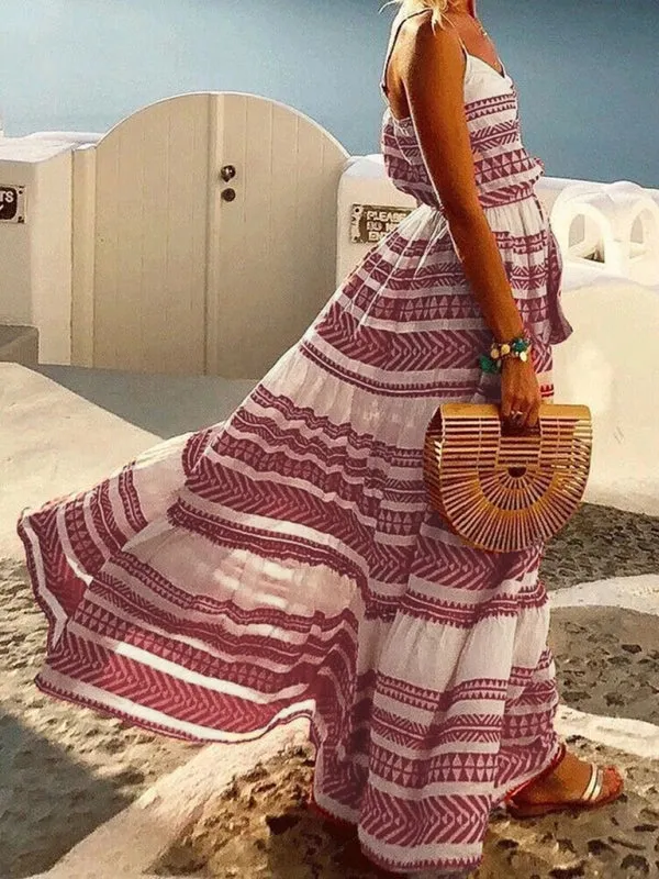 Bohemian Maxi Dress with Geometric Print and Deep V-Neck
