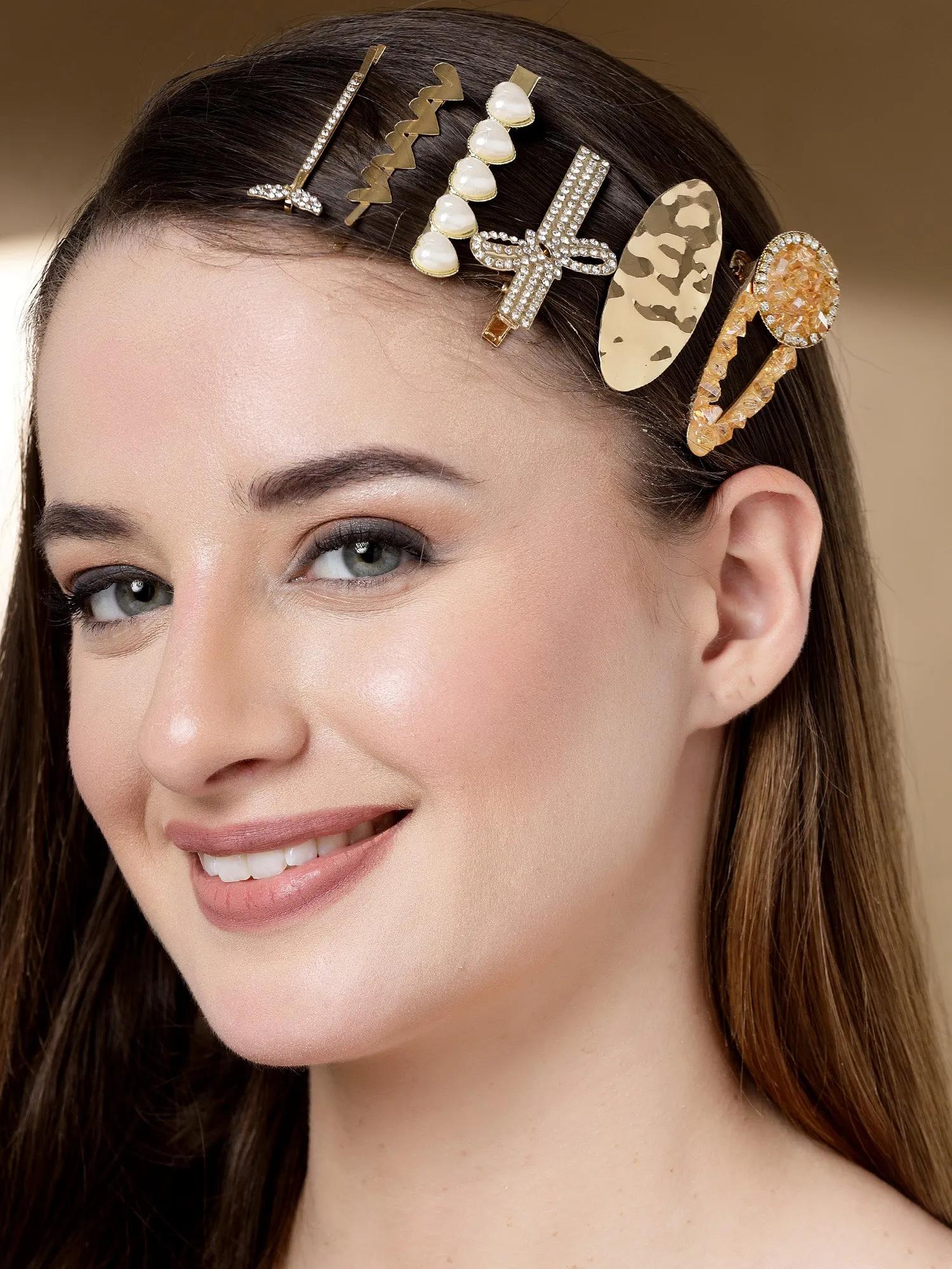 Bohey by KARATCART Set of 6 Gold Plated Embellished Alligator Hair Clips for Women