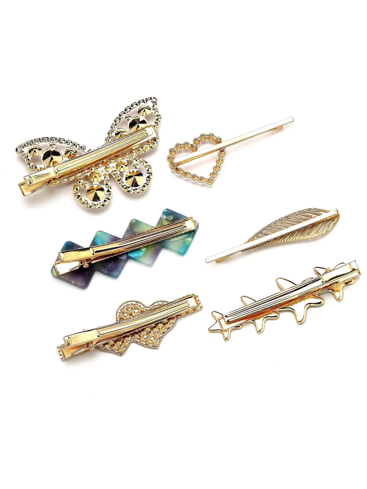 Bohey by KARATCART Set of 6 Gold Plated Embellished Alligator Hair Clips for Women