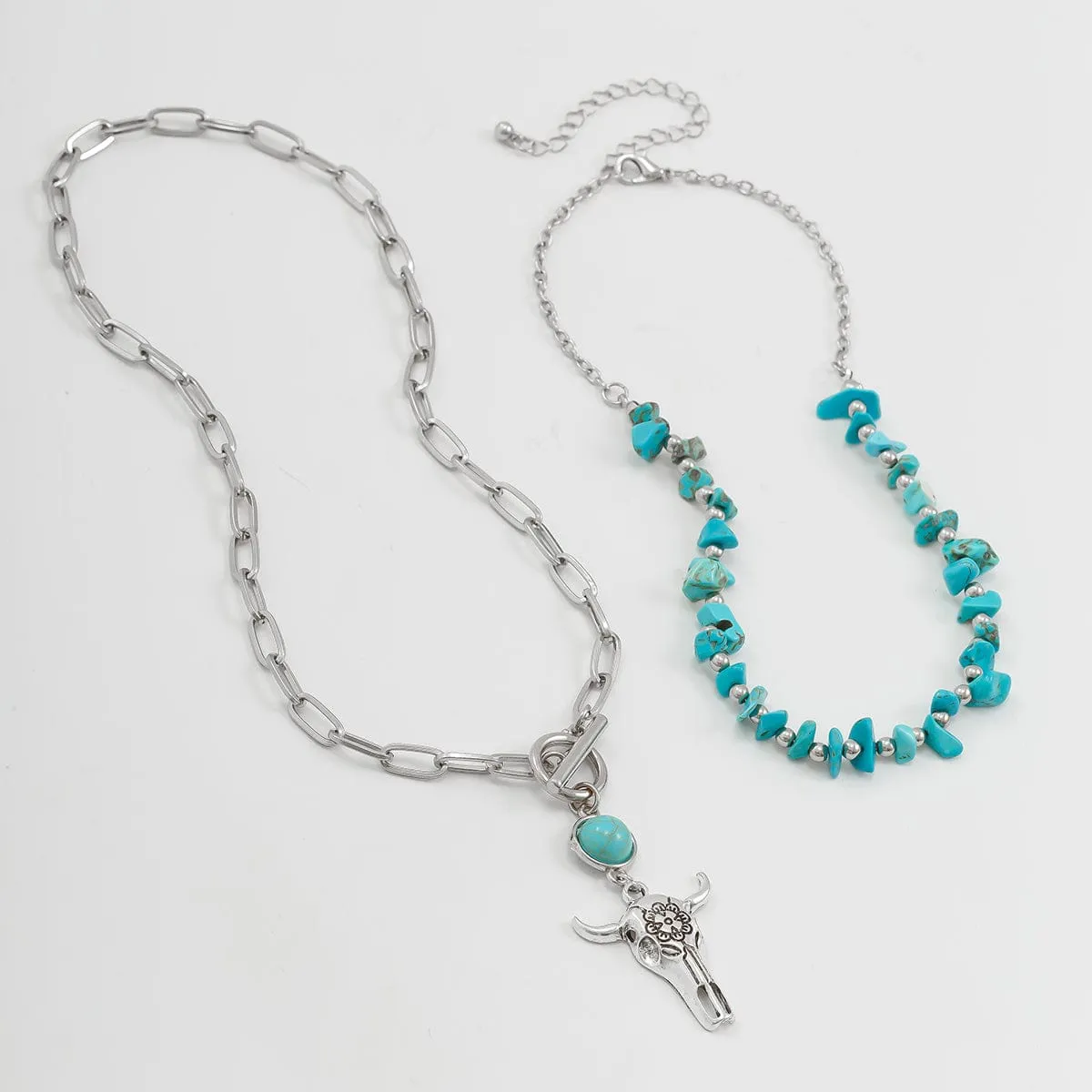 Boho Layered Bull Pendant Turquoise Necklace Set