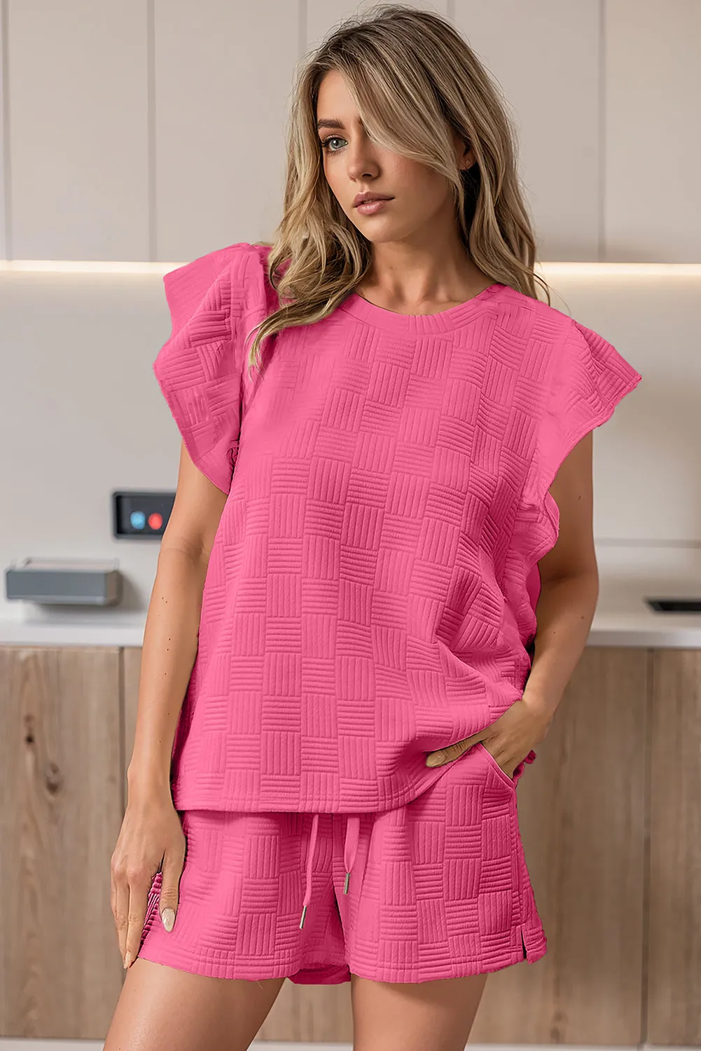 Bonbon Textured Ruffled Sleeve Tee and Drawstring Shorts Set