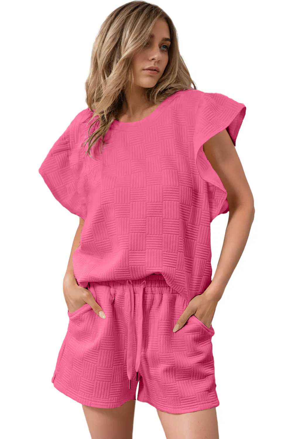 Bonbon Textured Ruffled Sleeve Tee and Drawstring Shorts Set