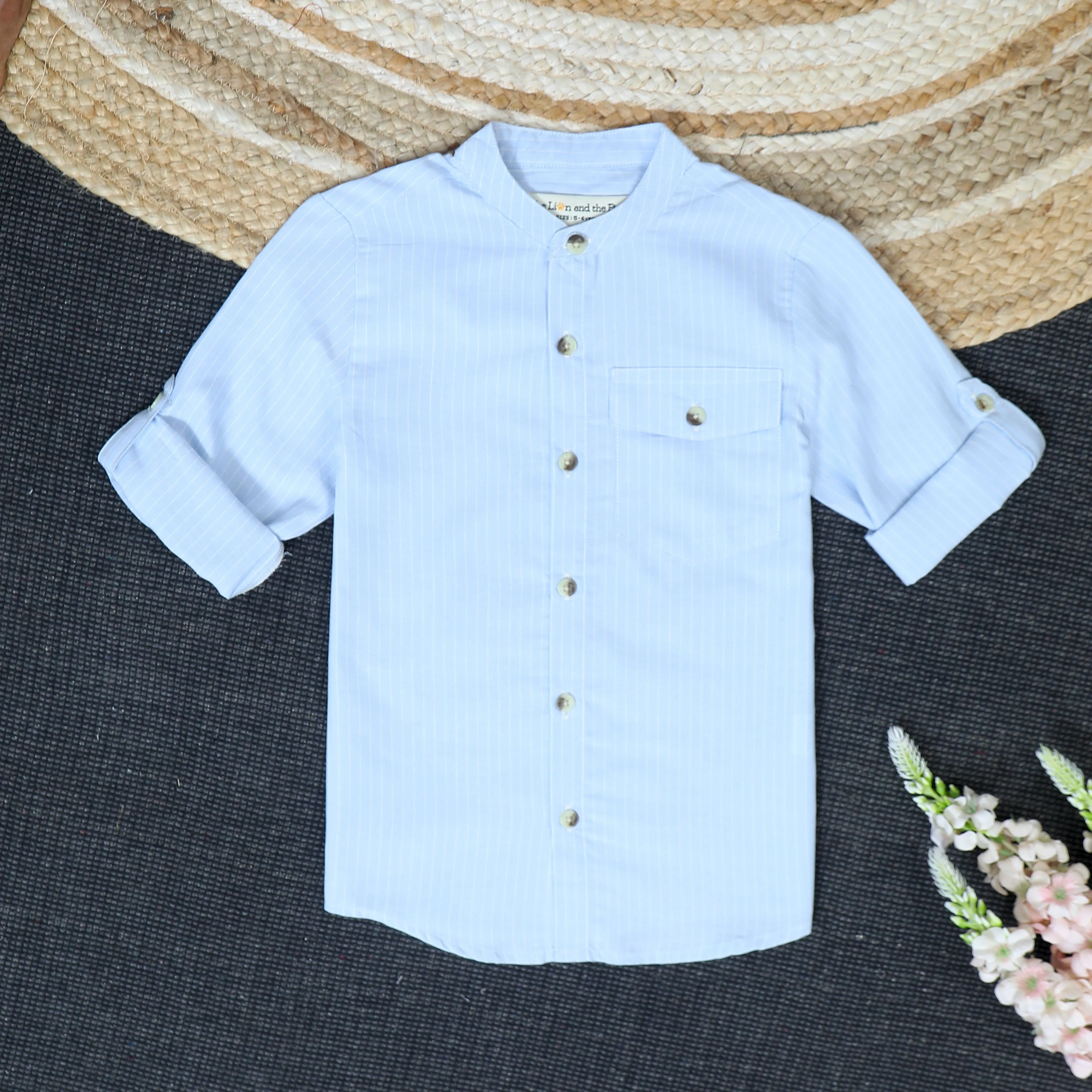 Boys Hairline Stripes Roll Up Sleeve Shirt Baby Blue