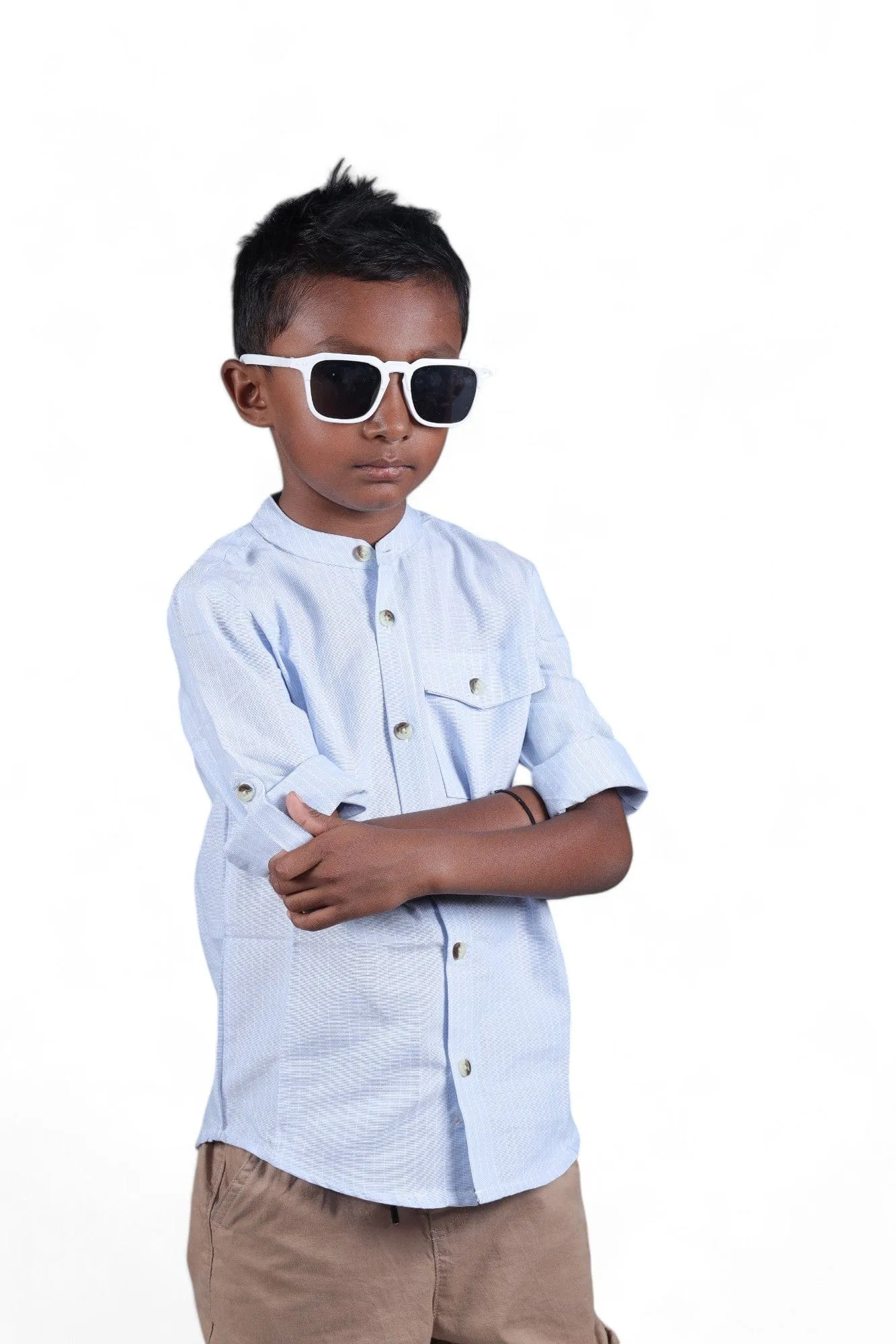 Boys Hairline Stripes Roll Up Sleeve Shirt Baby Blue