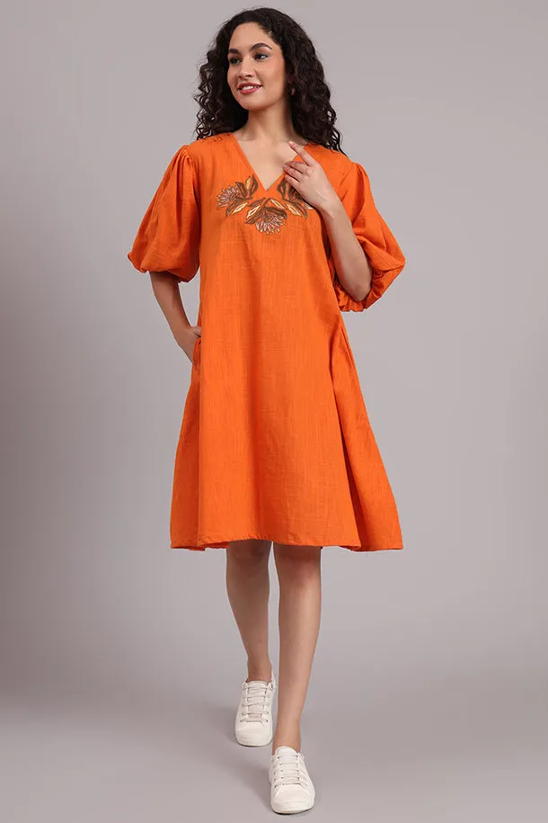 Breezy Bloom Embroidered Cotton Dress – Burnt Orange