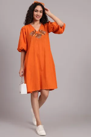 Breezy Bloom Embroidered Cotton Dress – Burnt Orange