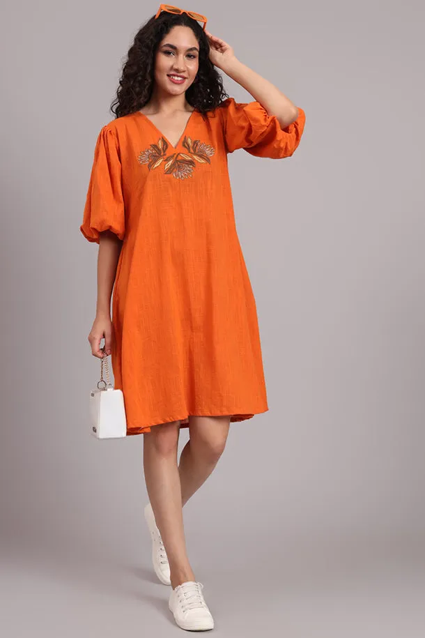 Breezy Bloom Embroidered Cotton Dress – Burnt Orange