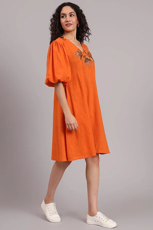 Breezy Bloom Embroidered Cotton Dress – Burnt Orange