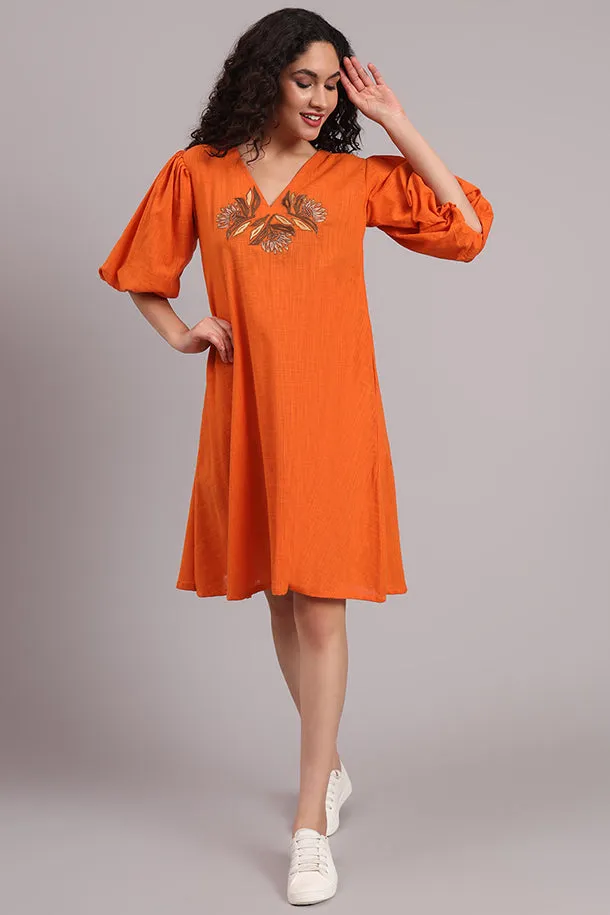 Breezy Bloom Embroidered Cotton Dress – Burnt Orange