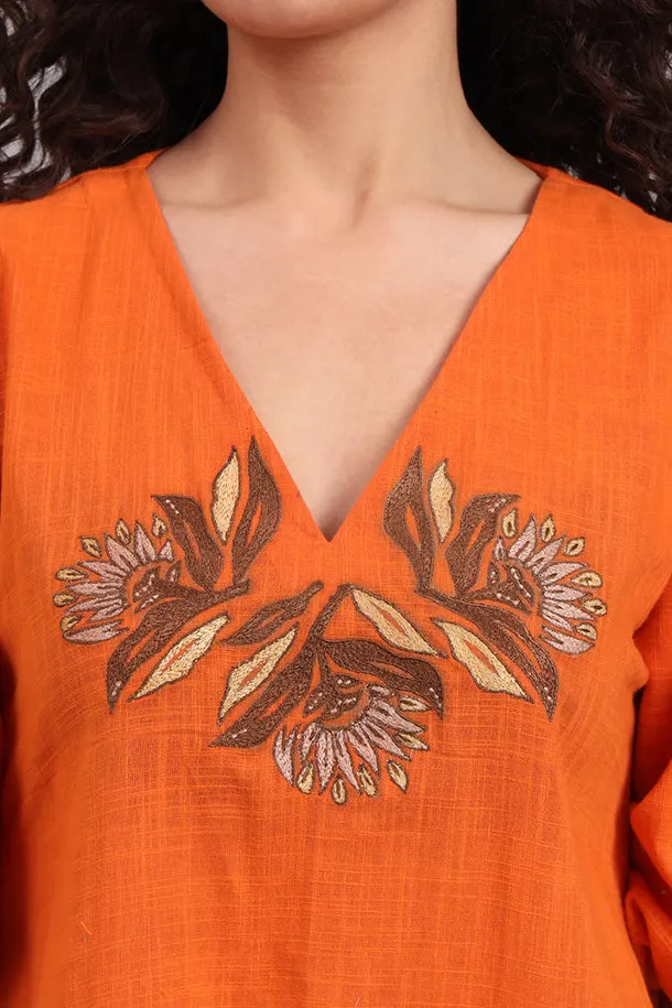 Breezy Bloom Embroidered Cotton Dress – Burnt Orange