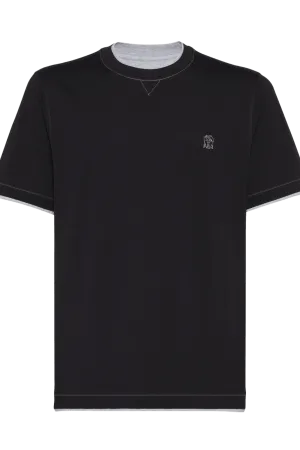 Brunello Cucinelli Men's Cotton Jersey Crew Neck T-shirt With Logo and Faux-layering