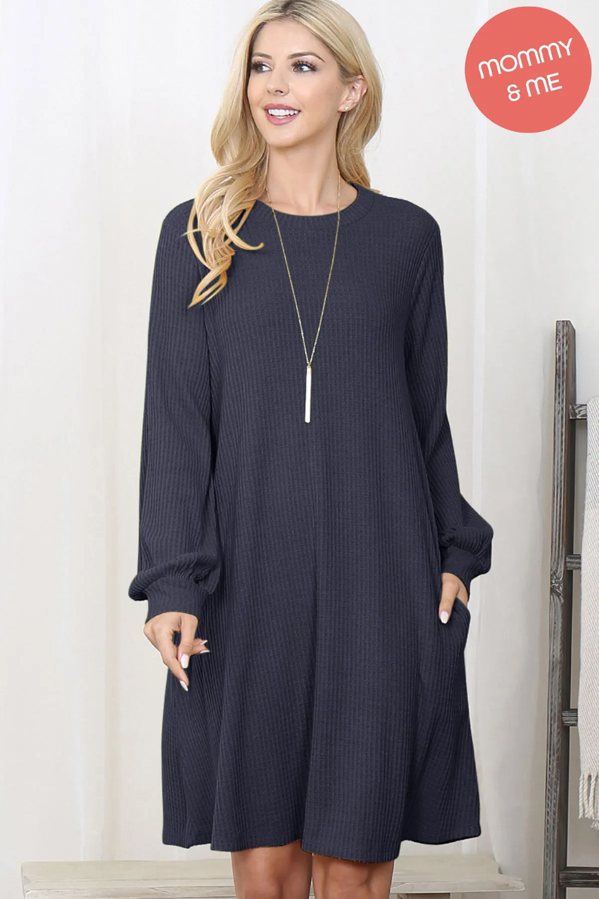 Brushed Waffle Bubble Sleeve Pocket Dress