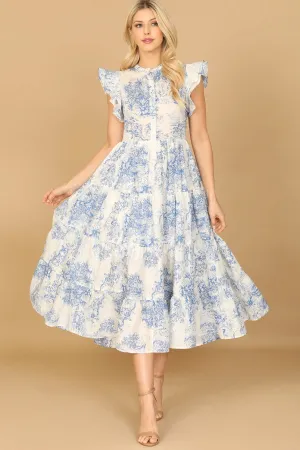 BUTTERFLY SLEEVE PRINTED TIERED MIDI DRESS