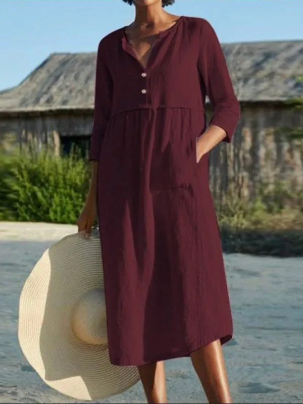 Button Detail Long Sleeve Dress with Pockets