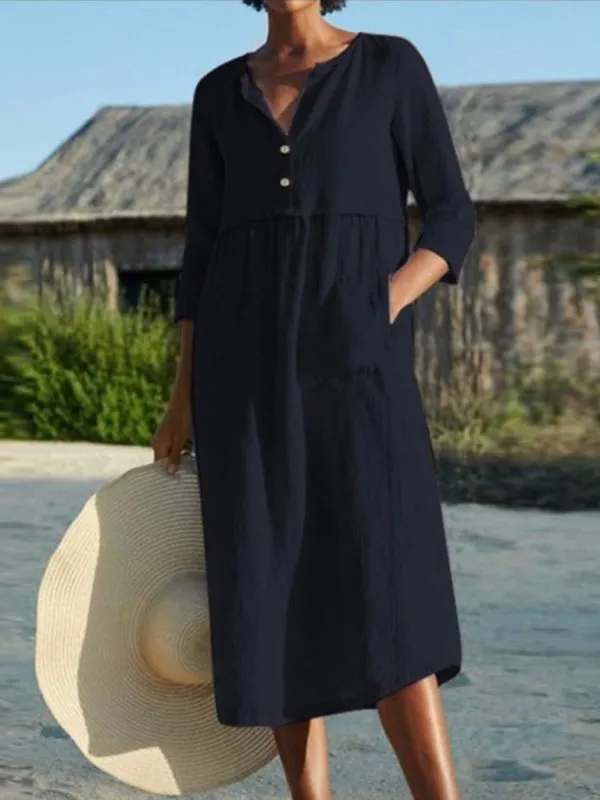 Button Detail Long Sleeve Dress with Pockets