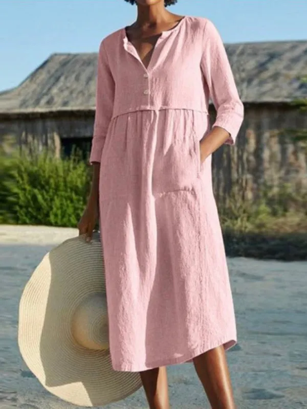 Button Detail Long Sleeve Dress with Pockets