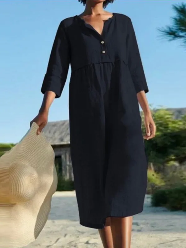 Button Detail Long Sleeve Dress with Pockets
