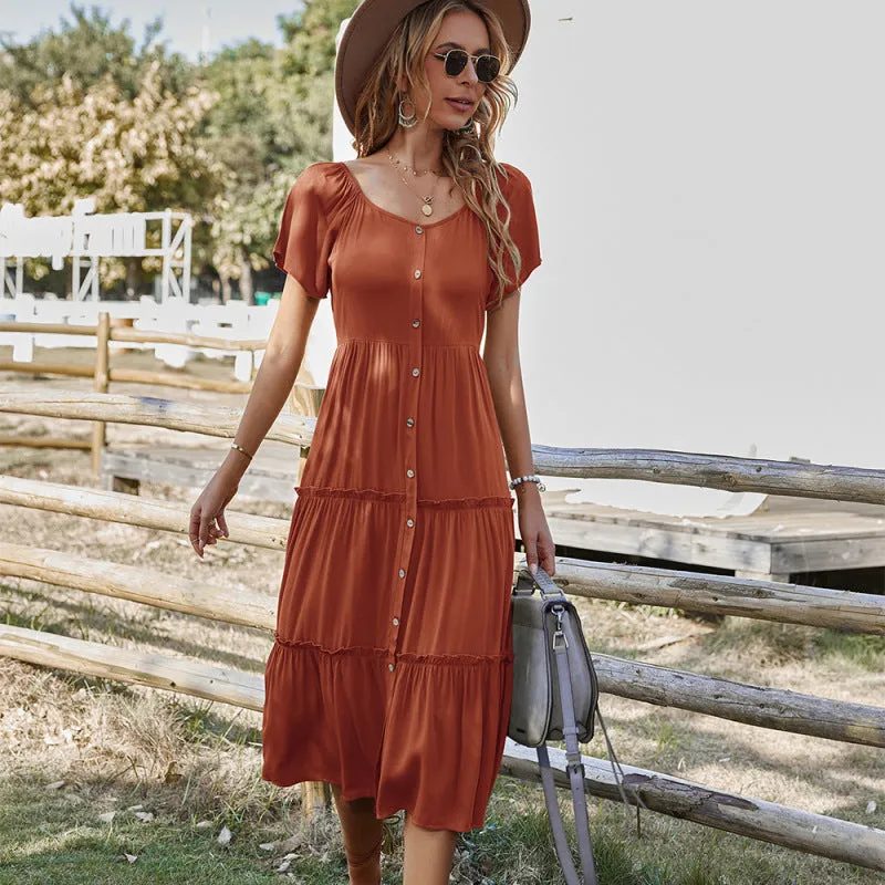Button-Down Tiered Dress with Short Sleeves