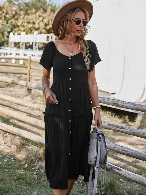 Button-Down Tiered Dress with Short Sleeves