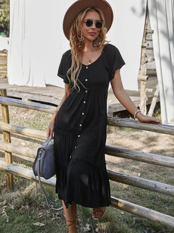 Button-Down Tiered Dress with Short Sleeves
