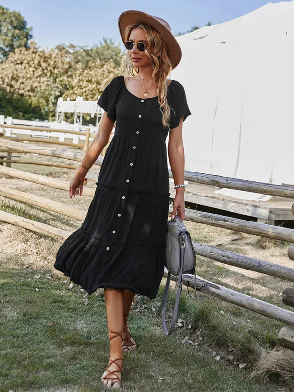 Button-Down Tiered Dress with Short Sleeves