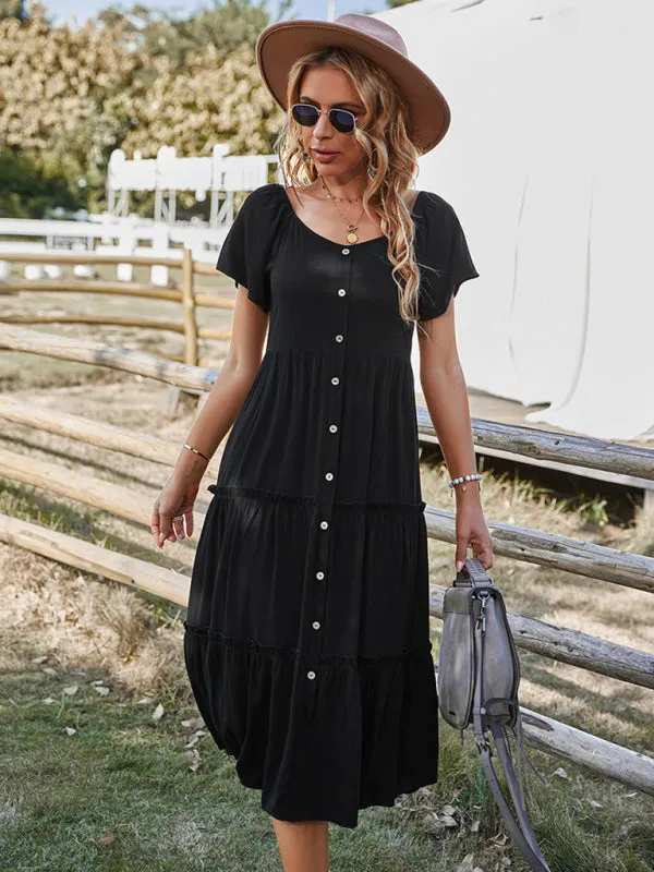 Button-Down Tiered Dress with Short Sleeves
