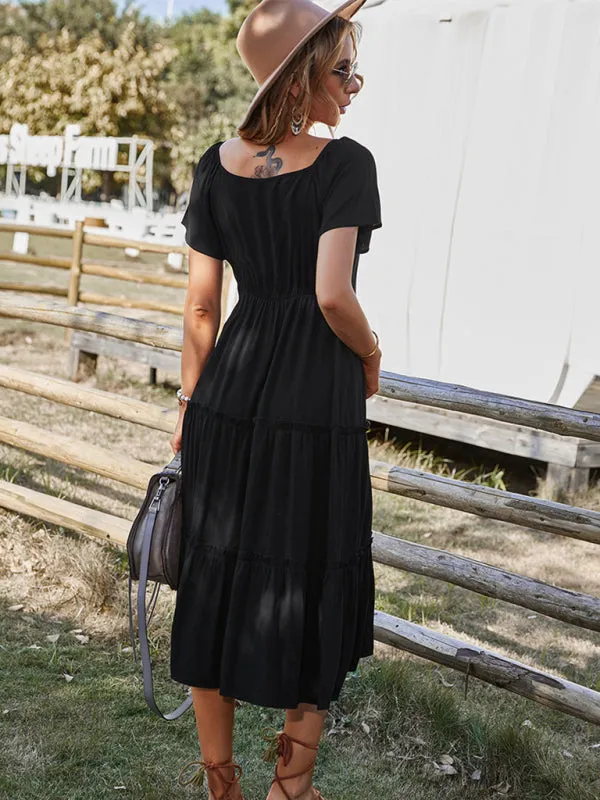 Button-Down Tiered Dress with Short Sleeves
