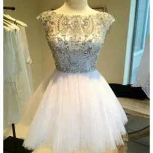 Cap Sleeve Sparkle Beaded Top White Graduation Homecoming Dresses, BG51453