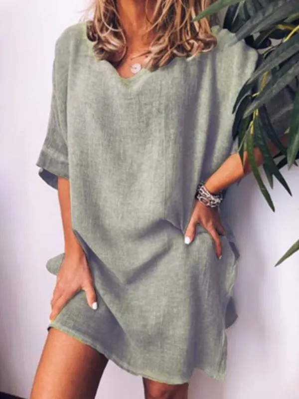 Casual Cotton-Linen Dress with Hem Slit and Loose Fit