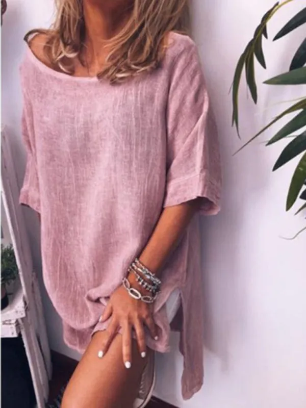 Casual Cotton-Linen Dress with Hem Slit and Loose Fit