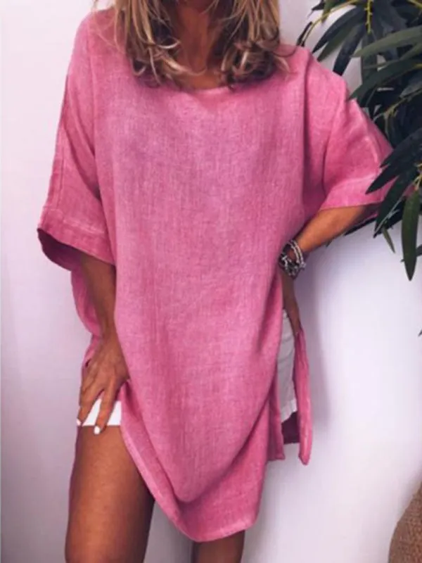 Casual Cotton-Linen Dress with Hem Slit and Loose Fit