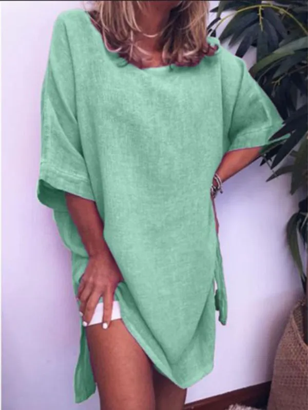 Casual Cotton-Linen Dress with Hem Slit and Loose Fit
