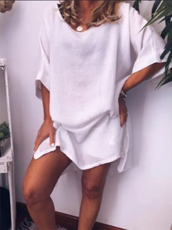 Casual Cotton-Linen Dress with Hem Slit and Loose Fit