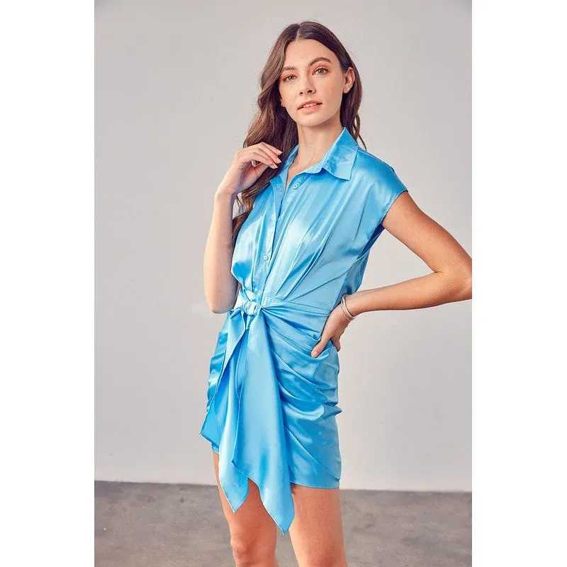 COLLAR BUTTON UP FRONT TIE DRESS
