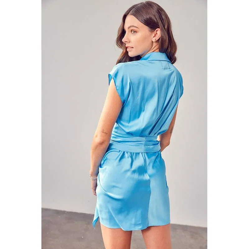 COLLAR BUTTON UP FRONT TIE DRESS