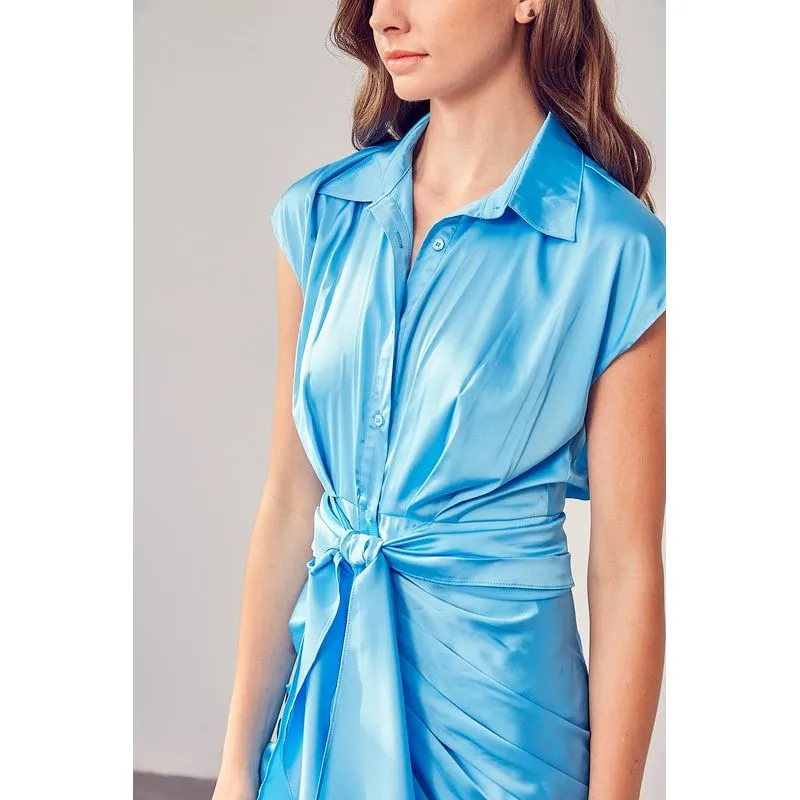 COLLAR BUTTON UP FRONT TIE DRESS