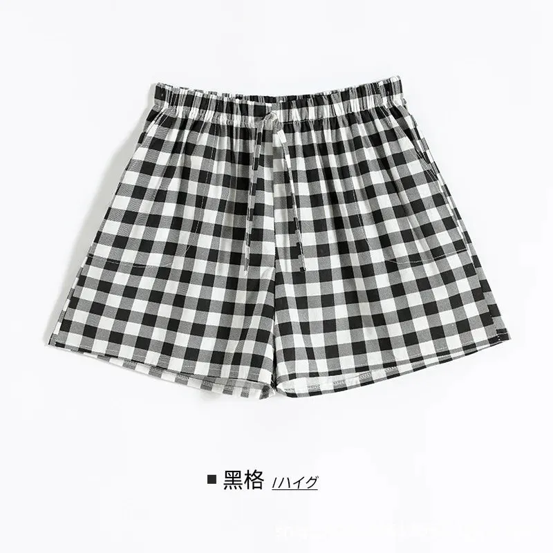 Couple Pajamas Summer Cotton Gauze Shorts Japanese Style Simple Elastic Waist Casual Large Size Lattice Men and Women Home Pants