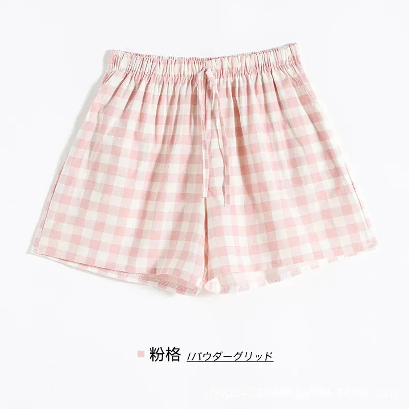 Couple Pajamas Summer Cotton Gauze Shorts Japanese Style Simple Elastic Waist Casual Large Size Lattice Men and Women Home Pants