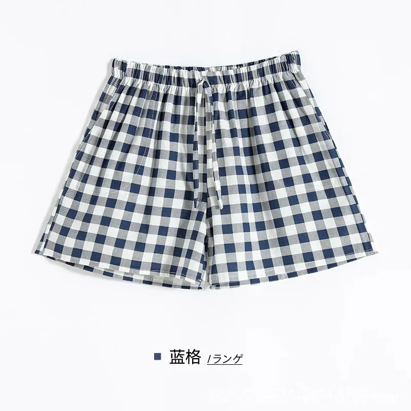 Couple Pajamas Summer Cotton Gauze Shorts Japanese Style Simple Elastic Waist Casual Large Size Lattice Men and Women Home Pants