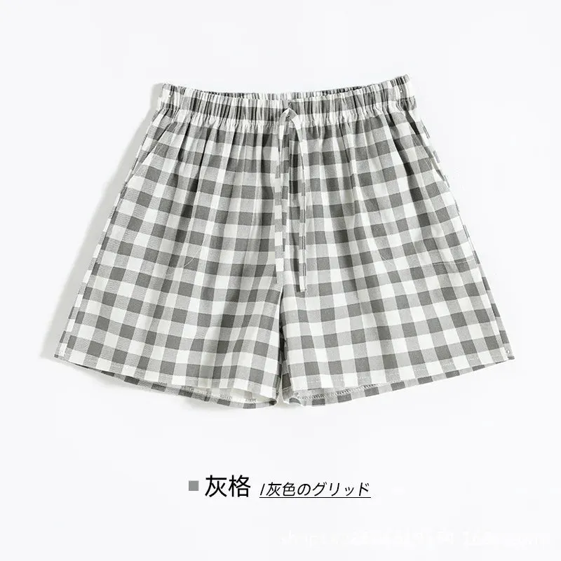 Couple Pajamas Summer Cotton Gauze Shorts Japanese Style Simple Elastic Waist Casual Large Size Lattice Men and Women Home Pants
