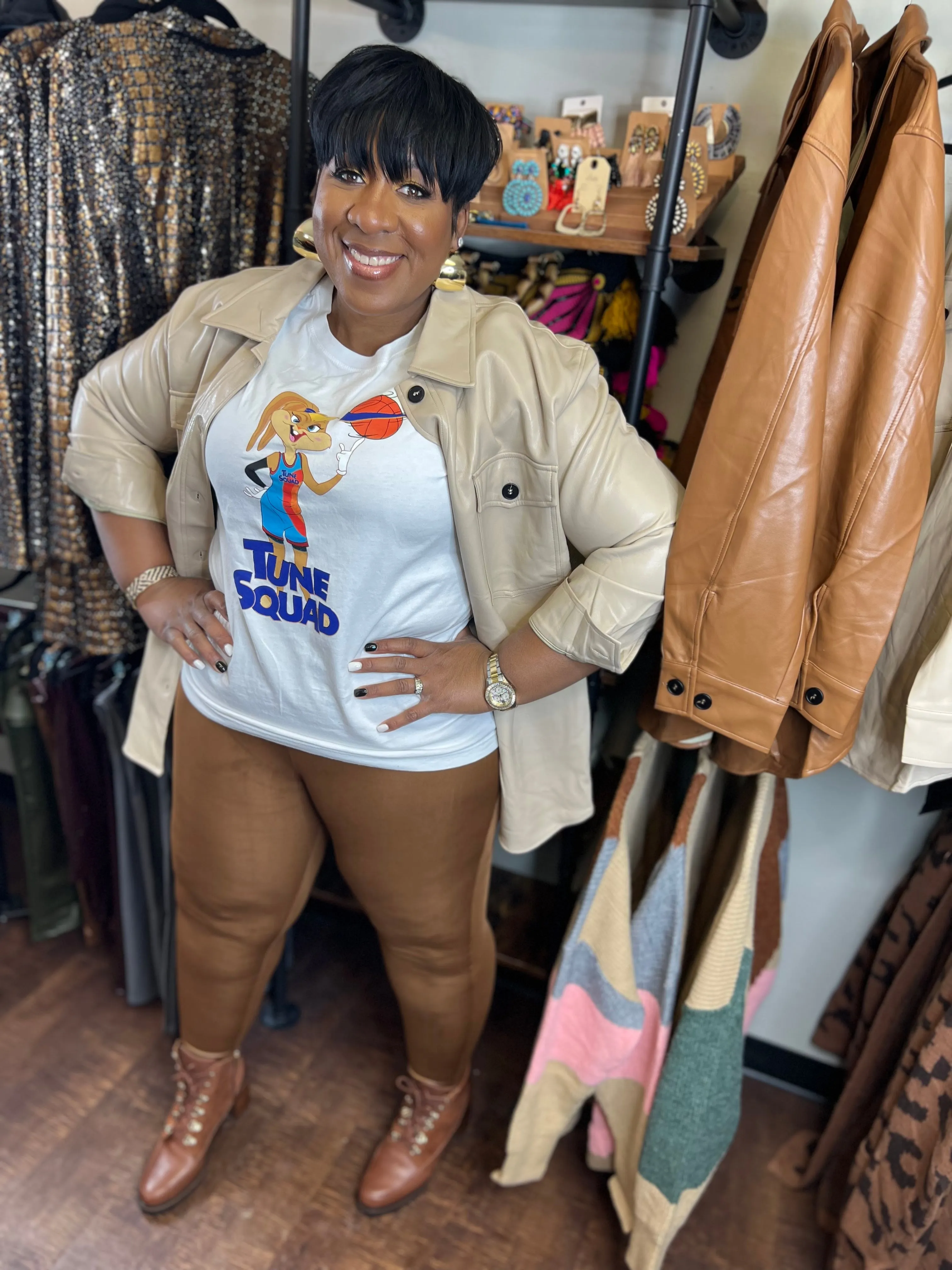 Cream Faux Leather Button Shirt