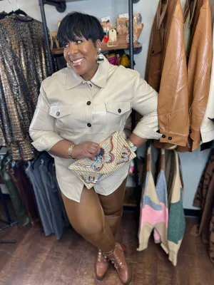Cream Faux Leather Button Shirt
