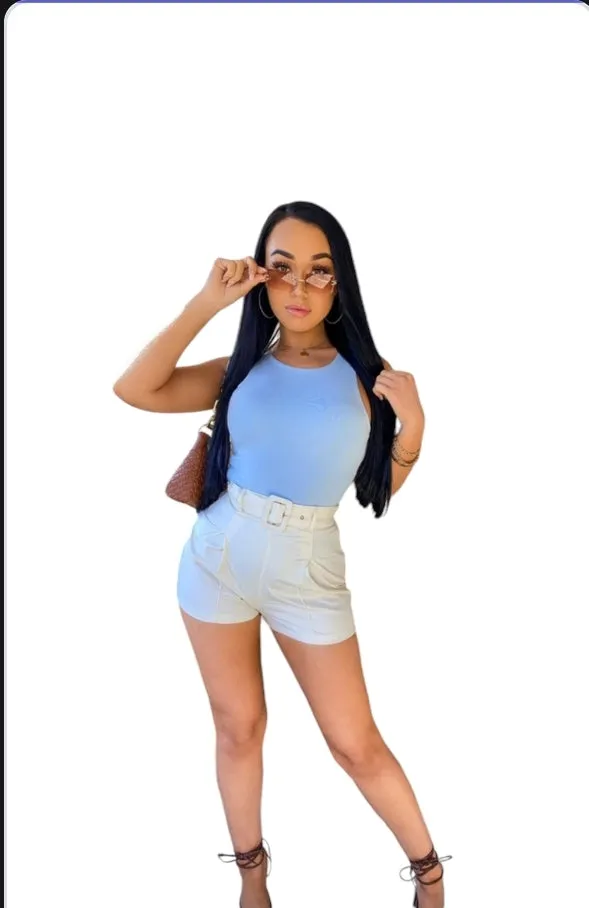 Cream PU Belt Buckle Shorts