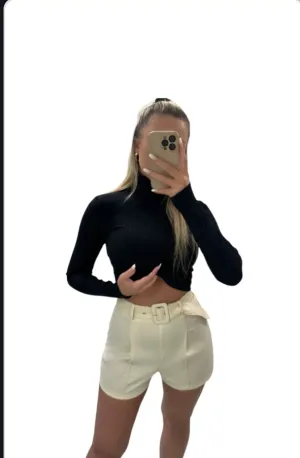 Cream PU Belt Buckle Shorts
