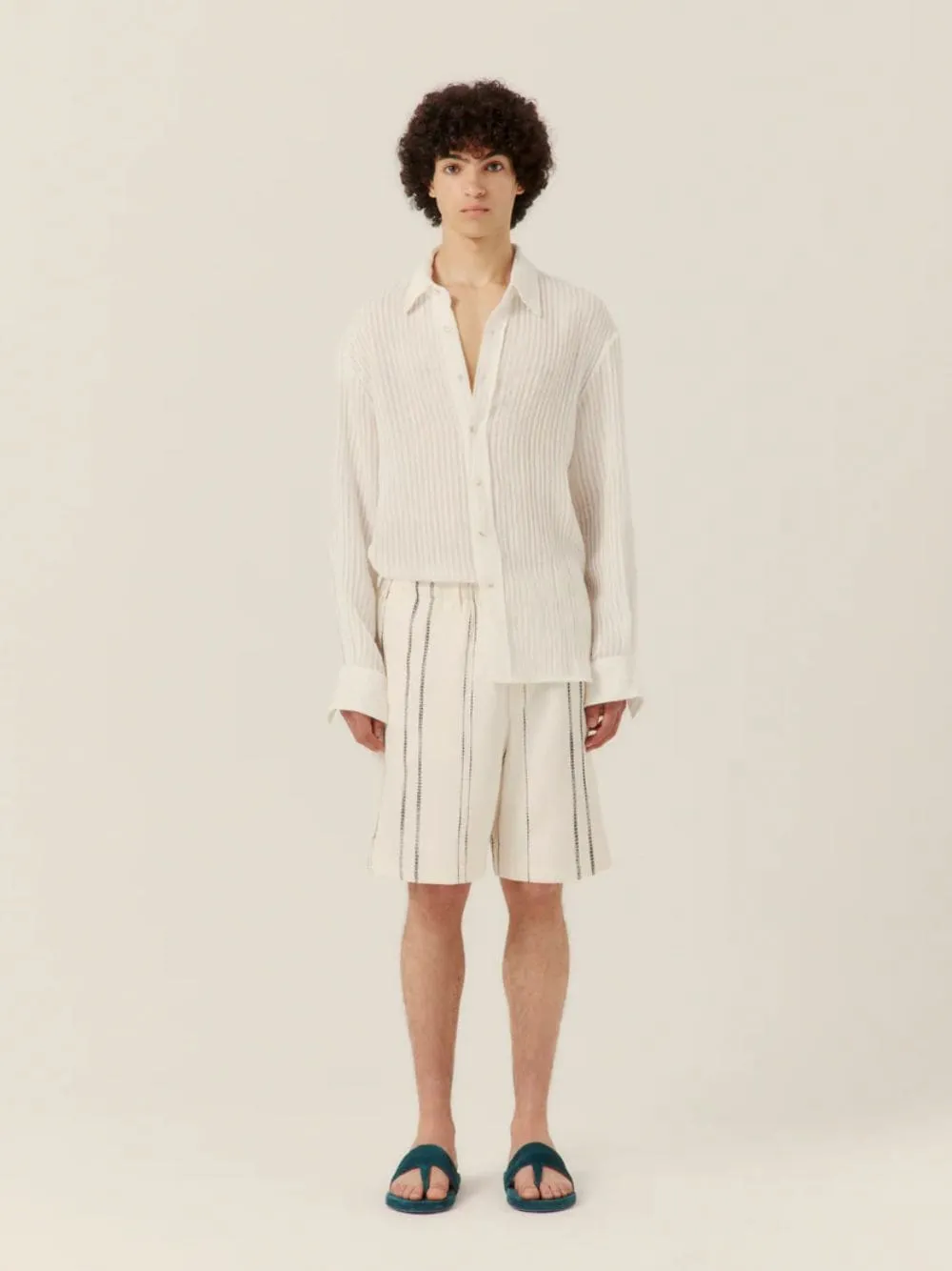 Cream Woven Stripe Resort Shorts