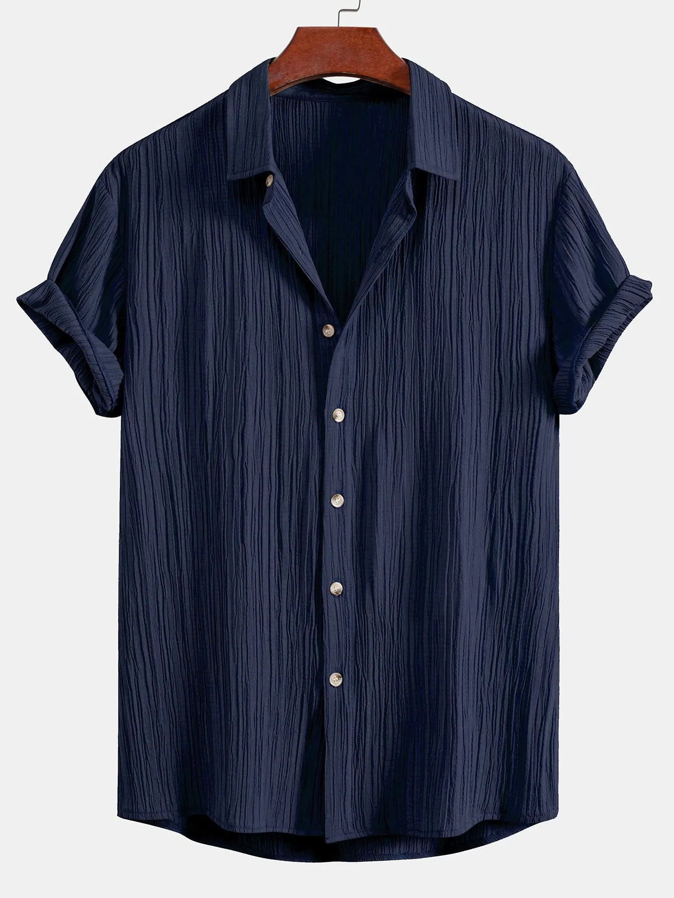 Crinkled Textured Button Up Shirt & Crinkled Textured Drawstring Shorts