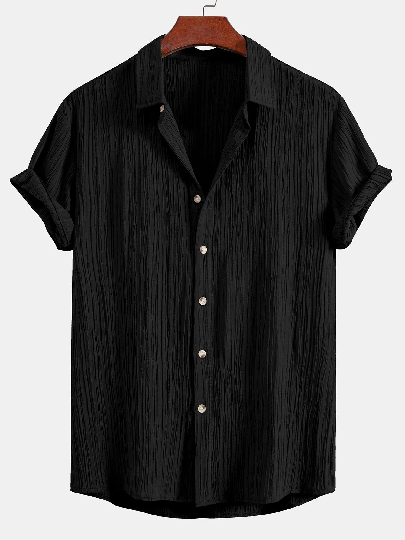 Crinkled Textured Button Up Shirt & Crinkled Textured Drawstring Shorts