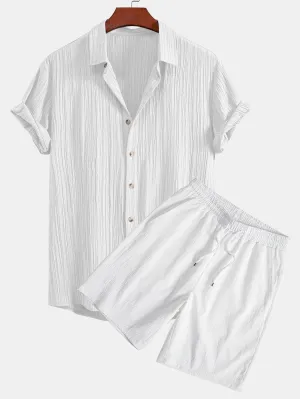Crinkled Textured Button Up Shirt & Crinkled Textured Drawstring Shorts