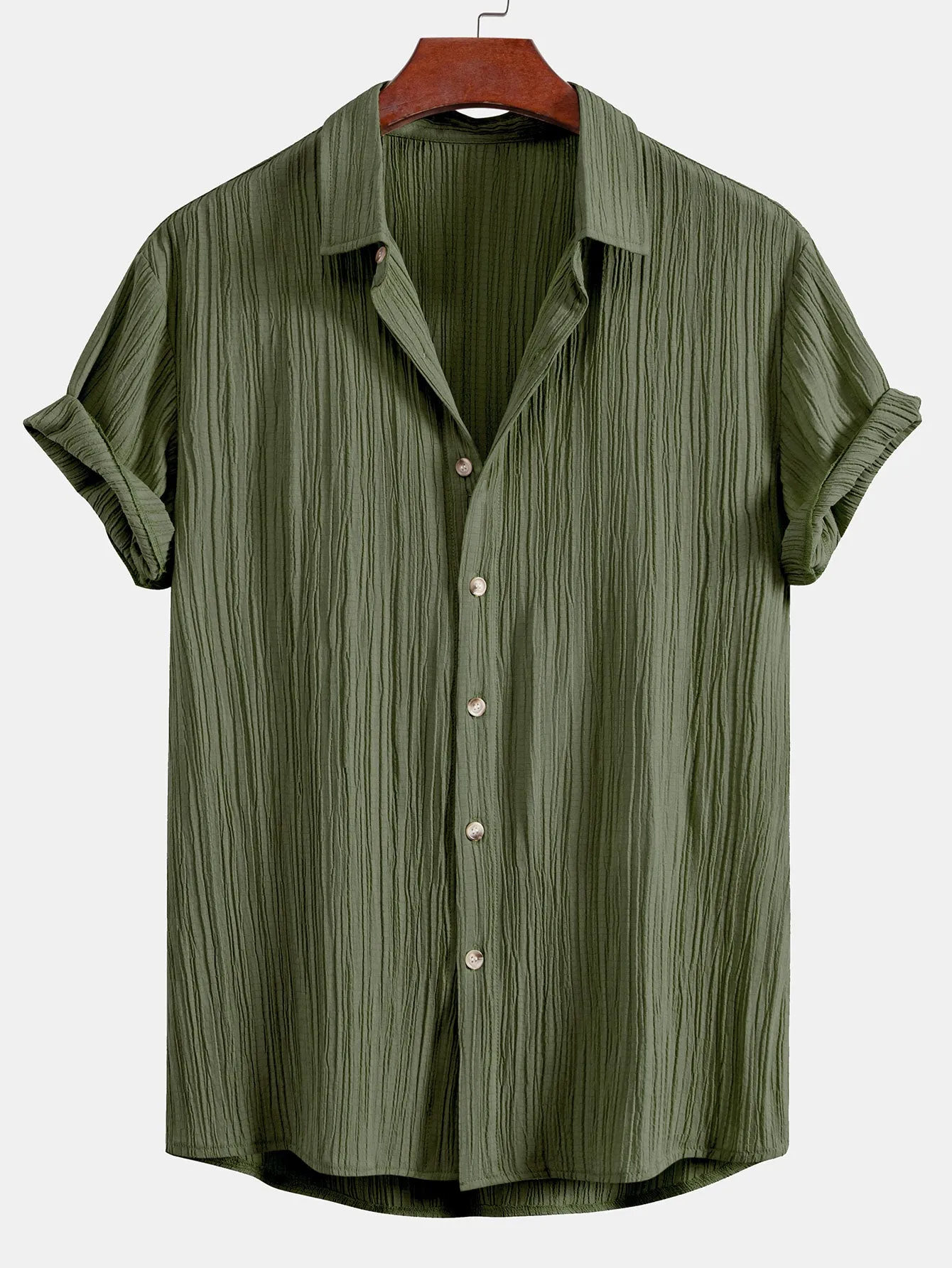 Crinkled Textured Button Up Shirt & Crinkled Textured Drawstring Shorts