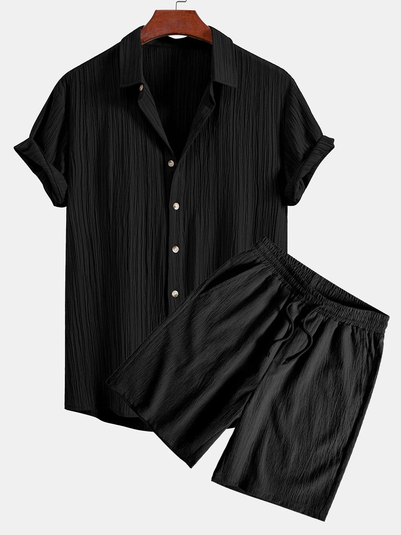 Crinkled Textured Button Up Shirt & Crinkled Textured Drawstring Shorts